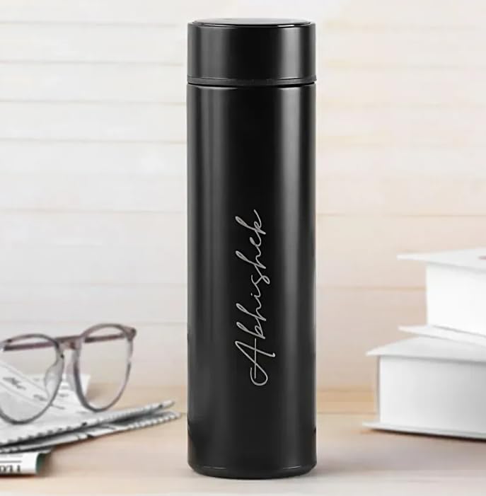 Your Name Personalized Stainless Steel Sports Water Bottle with LED Temperature Display, Corporate Gift smart Bottle (Black)