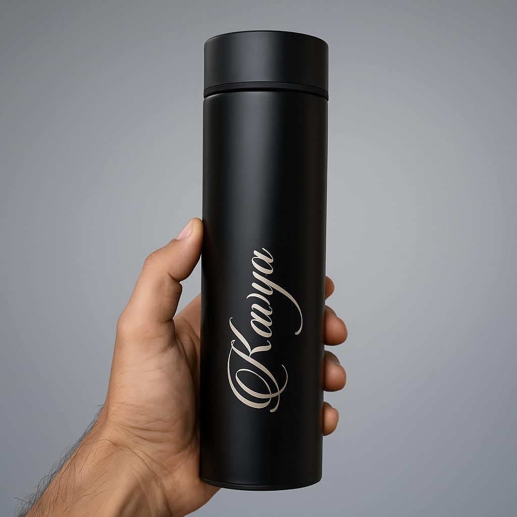 Your Name Personalized Stainless Steel Sports Water Bottle with LED Temperature Display, Corporate Gift smart Bottle (Black)