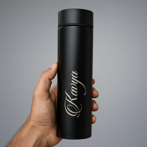 Your Name Personalized Stainless Steel Sports Water Bottle with LED Temperature Display, Corporate Gift smart Bottle (Black)