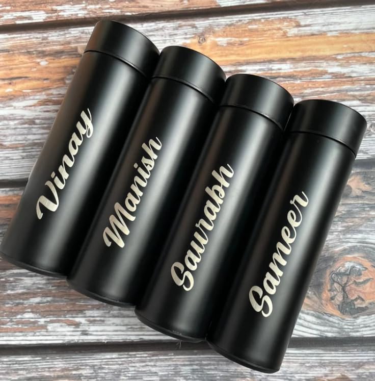 Your Name Personalized Stainless Steel Sports Water Bottle with LED Temperature Display, Corporate Gift smart Bottle (Black)